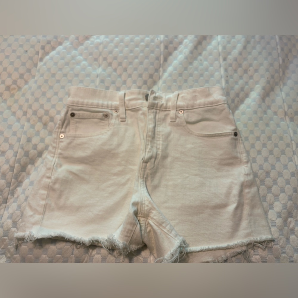 Madewell White Denim High Waisted Shorts with Distressed Hem (size 26)
